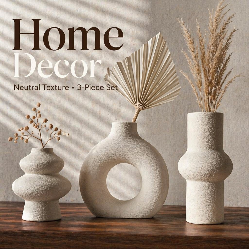 Palm Leaf Dried - مجموعة من 3 مزهريات مجوفة بملمس